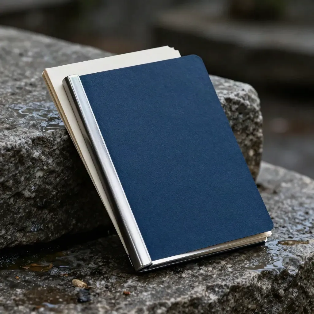 Navy pension folio on wet stone with cream packet, mist, and a brushed-metal corner glint.