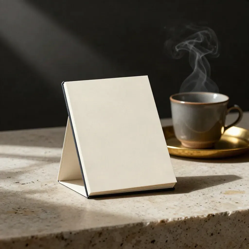 Cream review bundle, ceramic cup and brass tray on travertine in a dark room