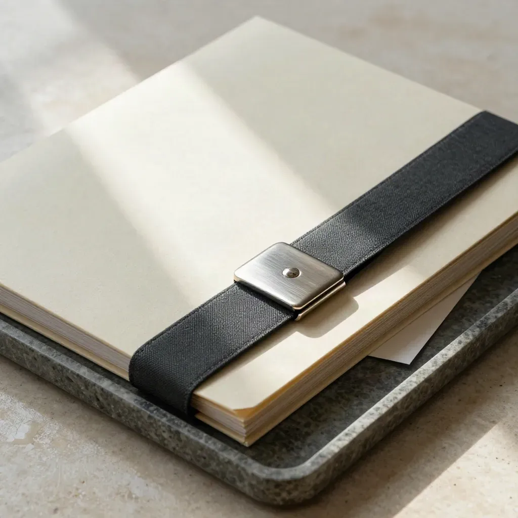 Pale paper strategy folder with dark cloth band, steel clasp and stone tray on pale stone.