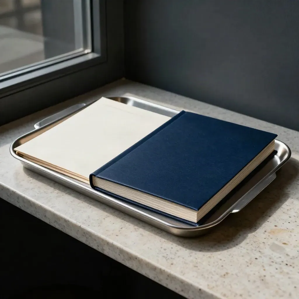 Navy ISA transfer review folio in a brushed metal tray with a cream sleeve.
