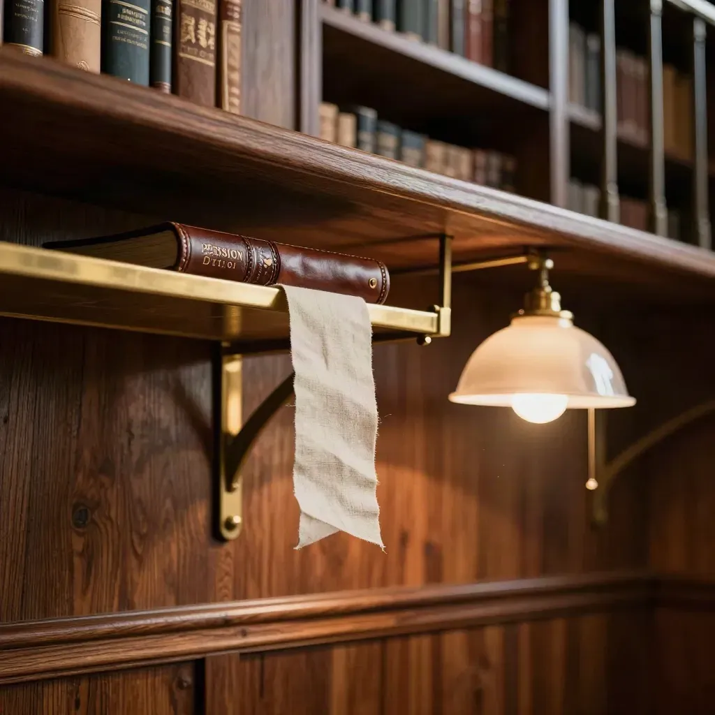Walnut library mezzanine with brass shelves, lamp glow, and calm copy space.